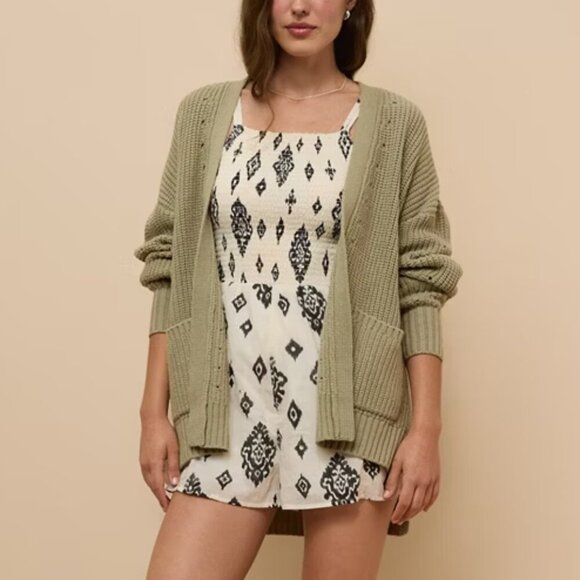 American Eagle AE Oversized Cotton Blend Open Front Faded Olive Green Cardigan S - Picture 1 of 6